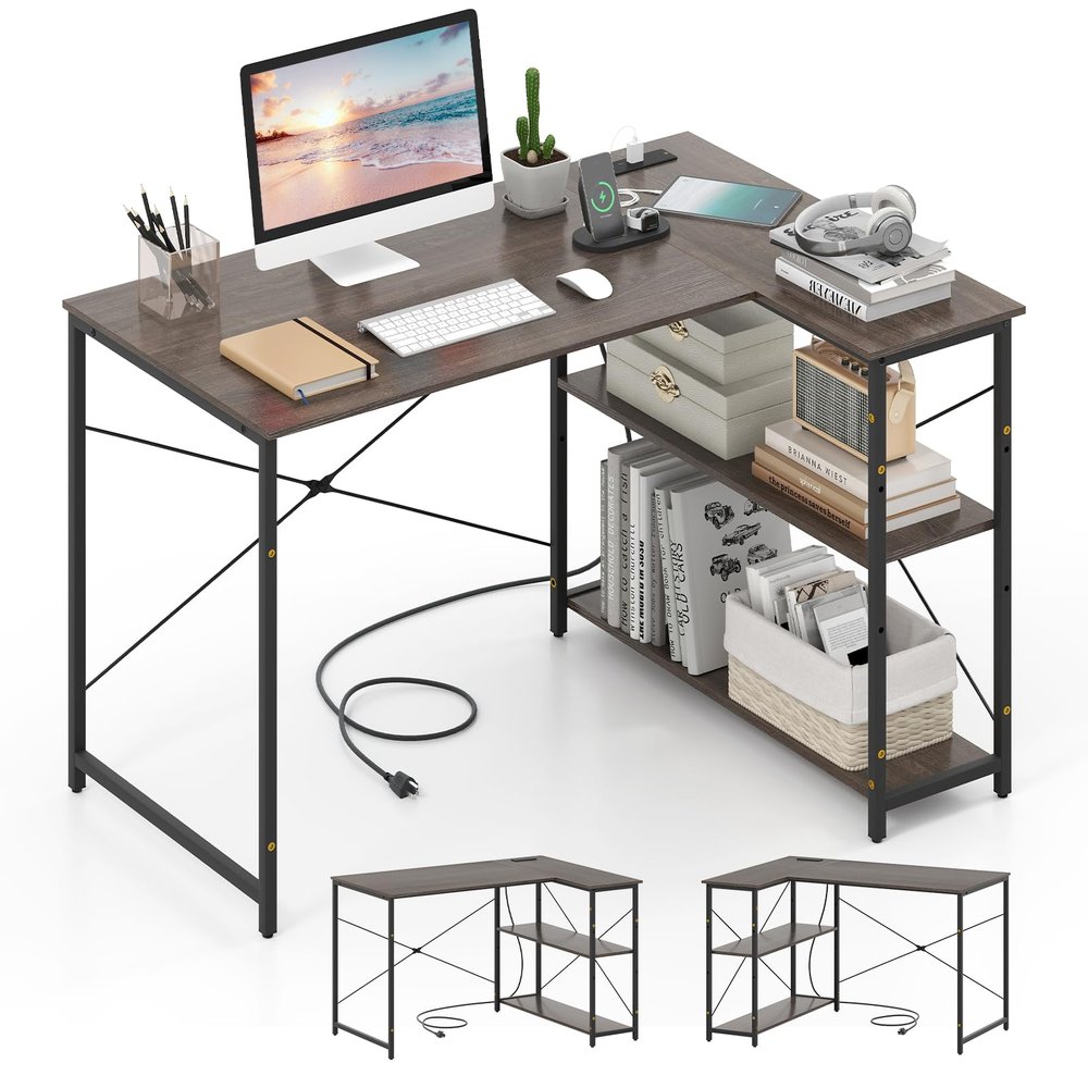 Tangkula L-Shaped Computer Desk with Reversible Shelves, 48 Inch Corner Computer Desk, Modern Writing Study Desk Home Office Workstation, Space Saving Design (48 Inch, Gray)