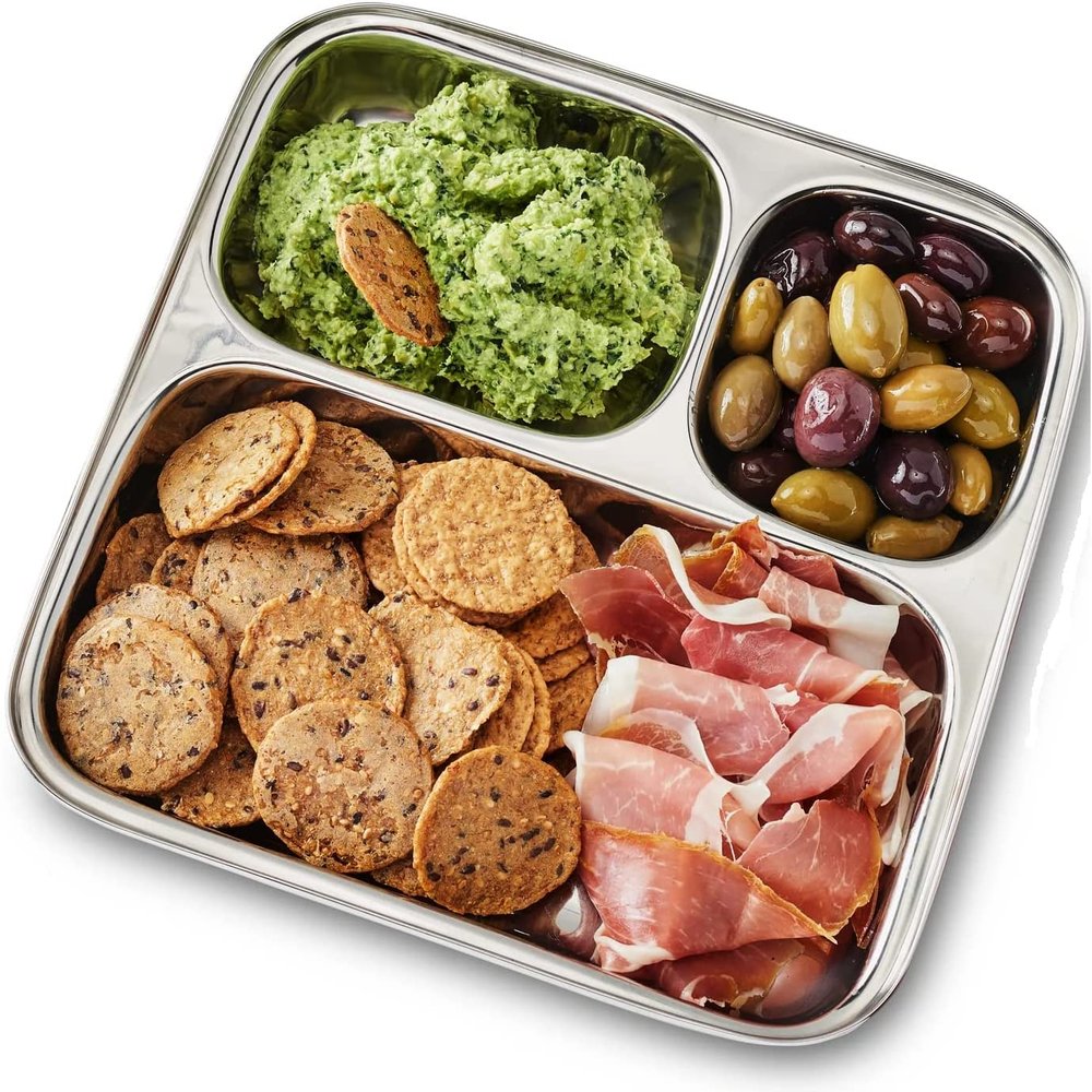 Set of 2 Stainless Steel Kids Plate 3 Compartment Great for Camping, Kids Lunch and Dinner or Every Day Use