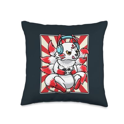 Kitsune Gaming Video Games Japanese Kawaii Anime Gamer Throw Pillow