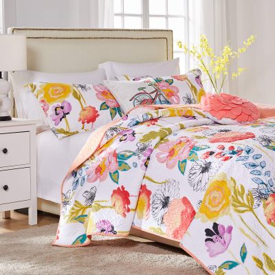 Greenland Home Watercolor Dream 100% Cotton Modern Floral Quilt Set with Decorative Pillows, 5-Piece King/Cal King, White