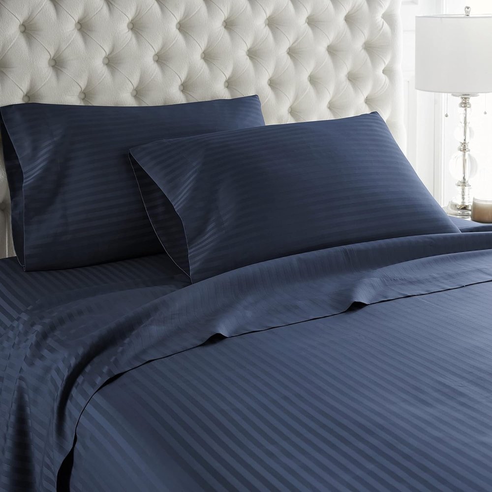 JB Linen Ultra-Soft & Breathable Luxury Bedding ! 600 Thread Count 100% Egyptian Cotton Queen Size 4 Piece Sheet Set Fit 15" Inch to 18" Inch Deep Pocket Stripe. Navy Blue