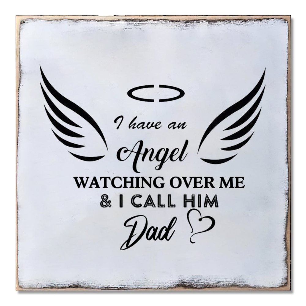 Alioyoit Rustic Wood Sign with Quote My Dad is Angel in Heaven Home Decor Sign Distressed Look Farmhouse Decorative Wooden Sign Retro Wooden Art Plaque Wall Hanging Sign for Farmhouse Porch