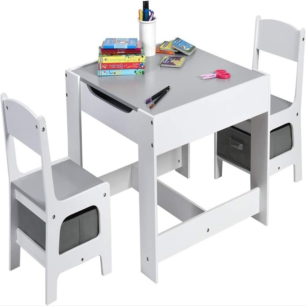Fireflowery Kids Table and Chair Set, 3-in-1 Wooden Activity Table w/Storage Drawer & Detachable Blackboard, 3-Piece Square Children Art Desk, Toddler Table and Chairs for Reading (Grey)