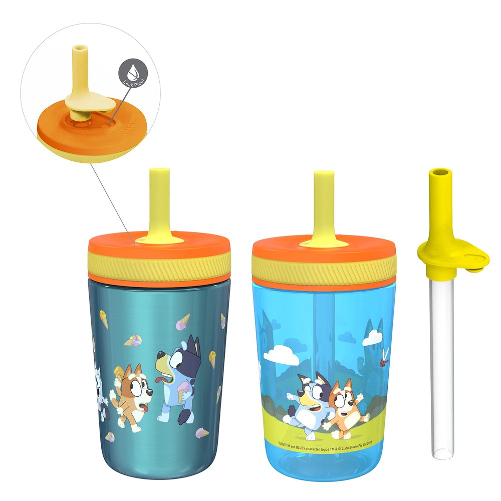 Zak Designs Bluey Kelso Tumbler Set, Leak-Proof Screw-On Lid with Straw, Bundle for Kids Includes Plastic and Stainless Steel Cups with Bonus Sipper, 3pc Set