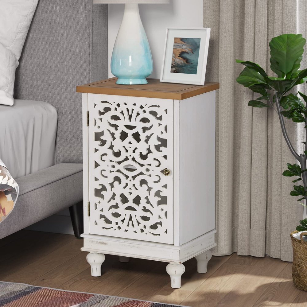 PHI VILLA Small Accent Storage Cabinet with Single Door - Decorative Nightstand for Living Room Bedroom, End Side Table Cabinet White
