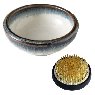 Wazakura Minoyaki Series Japanese Ikebana Essential Tool Kit with Small Round Ceramic Flower Vase and Kenzan Pin Frog for Floral Arranging - White & Blue Kenzan + 2in (61mm) Brass Kenzan