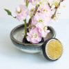 Wazakura Minoyaki Series Japanese Ikebana Essential Tool Kit with Small Round Ceramic Flower Vase and Kenzan Pin Frog for Floral Arranging - White & Blue Kenzan + 2in (61mm) Brass Kenzan view 2