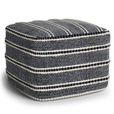 Boho Square Pouf Ottoman, Small Hand Knitted Hassock Footrest for Living Room, Cotton Woven Bean Bag Foot Stool for Couch, Dark Gray, White and Black Cloth Puff Chair for Floor, 18"x18"x14"