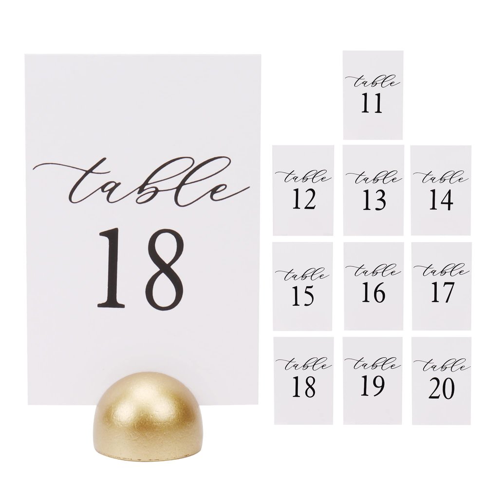 Hanna Roberts Modern Cursive Table Number Card Stock Signs with Round Stand for Wedding Reception, Restaurant, Event Party, 4" x 6" (Set of 10, 11-20, Gold)