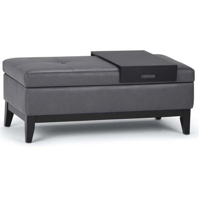 42"W Leather Storage Ottoman Bench with Lift Top and Trays, Upholstered, Footrest with Large Storage Space, Dark Gray Storage Chest, Queen Size End of Bed Bench with Hidden Space for Blankets