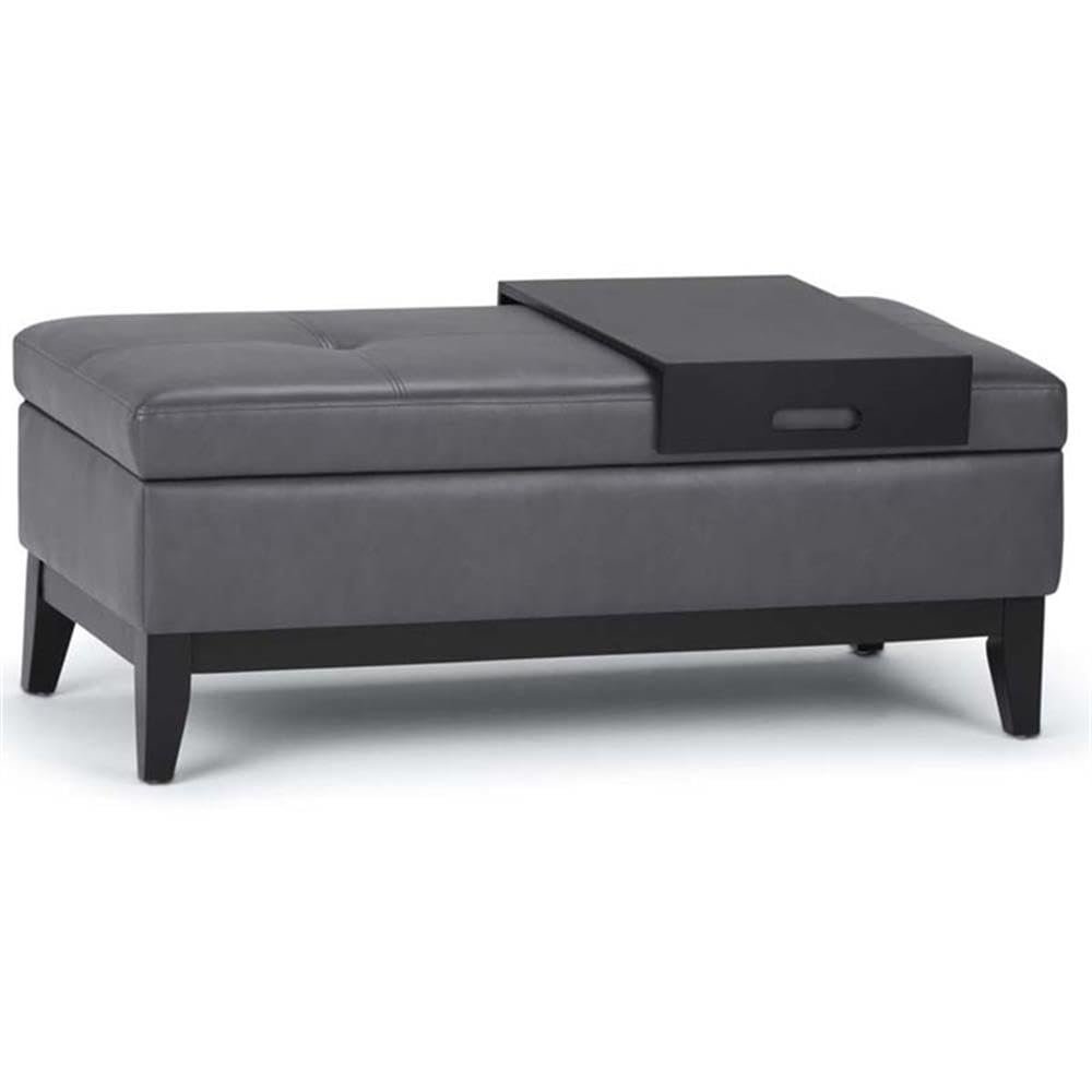 42"W Leather Storage Ottoman Bench with Lift Top and Trays, Upholstered, Footrest with Large Storage Space, Dark Gray Storage Chest, Queen Size End of Bed Bench with Hidden Space for Blankets