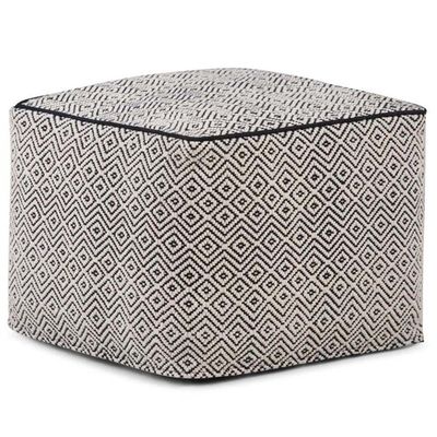 Pemberly Row Boho Square Pouf Ottoman, Small Hand Knitted Hassock Footrest for Living Room, Cotton Woven Bean Bag Foot Stool for Couch, White and Black Cloth Puff Chair for Floor, 18"x18"x14"