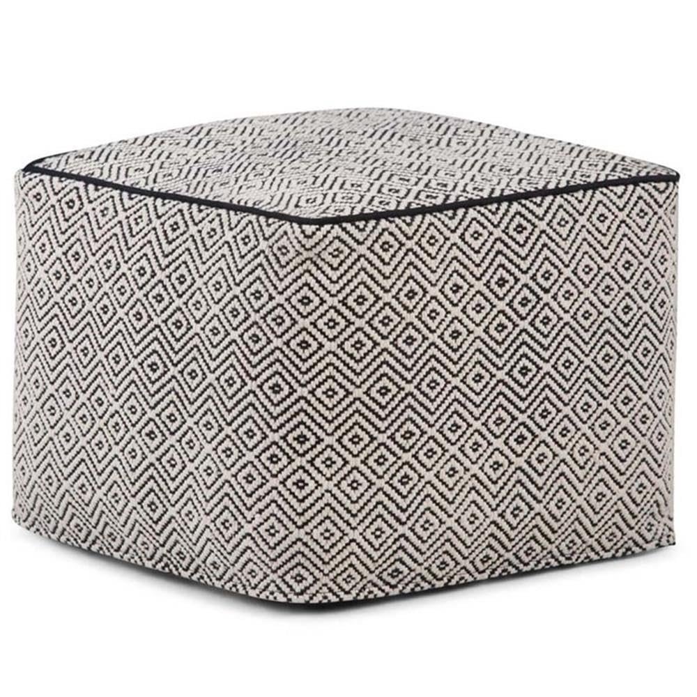 Pemberly Row Boho Square Pouf Ottoman, Small Hand Knitted Hassock Footrest for Living Room, Cotton Woven Bean Bag Foot Stool for Couch, White and Black Cloth Puff Chair for Floor, 18"x18"x14"