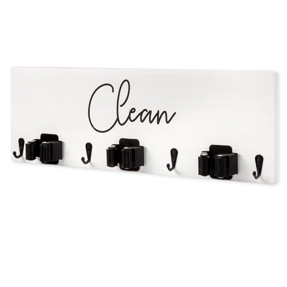 Ilyapa Broom Organizer Wall Mount, Broom and Mop Organizer Hanging, White Wooden Hanger Wall Mount, Kitchen Laundry Room Storage Rack Holder, Farmhouse Arranger with Hooks