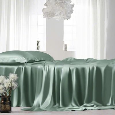 Short Queen Silk Sheet Set  7 Piece True Silk Satin Sheets Set- - Hotel Luxury Bed Sheets - Extra Soft - 15'' Deep Pocket - Breathable & Cooling - Wrinkle Free - Comfy-Olive Bed Sheets