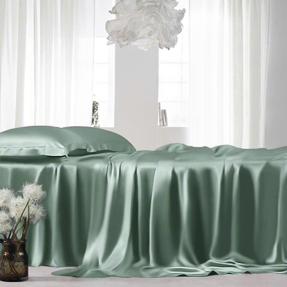 Short Queen Silk Sheet Set 7 Piece True Silk Satin Sheets Set- - Hotel Luxury Bed Sheets - Extra Soft - 15'' Deep Pocket - Breathable & Cooling - Wrinkle Free - Comfy-Olive Bed Sheets