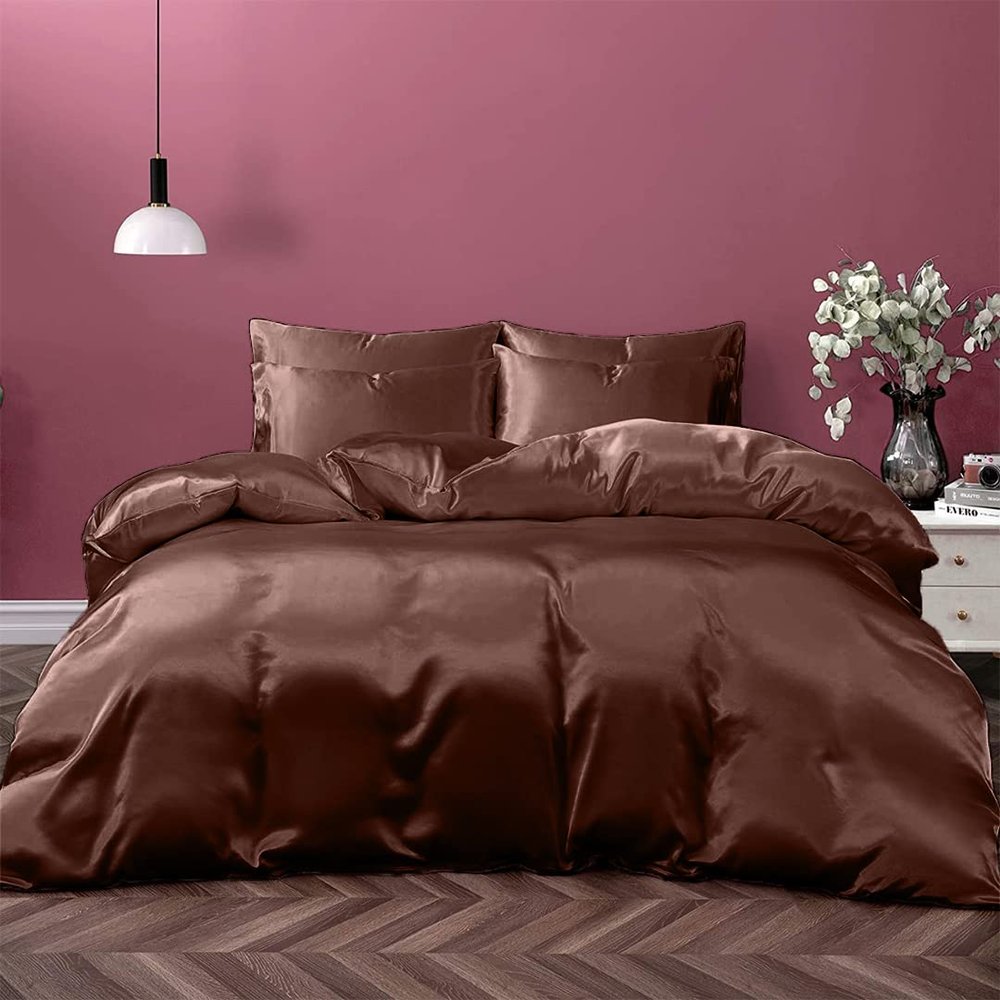 Cloud Fino 100% Pure Silk Satin Duvet with Fitted Sheet Set 4pcs, Silk Satin Fitted Sheet 15'' Deep Pocket,Silk Satin Duvet Cover,Silk Satin Pillowcases Set !!!(Olympic Queen Chocolate)