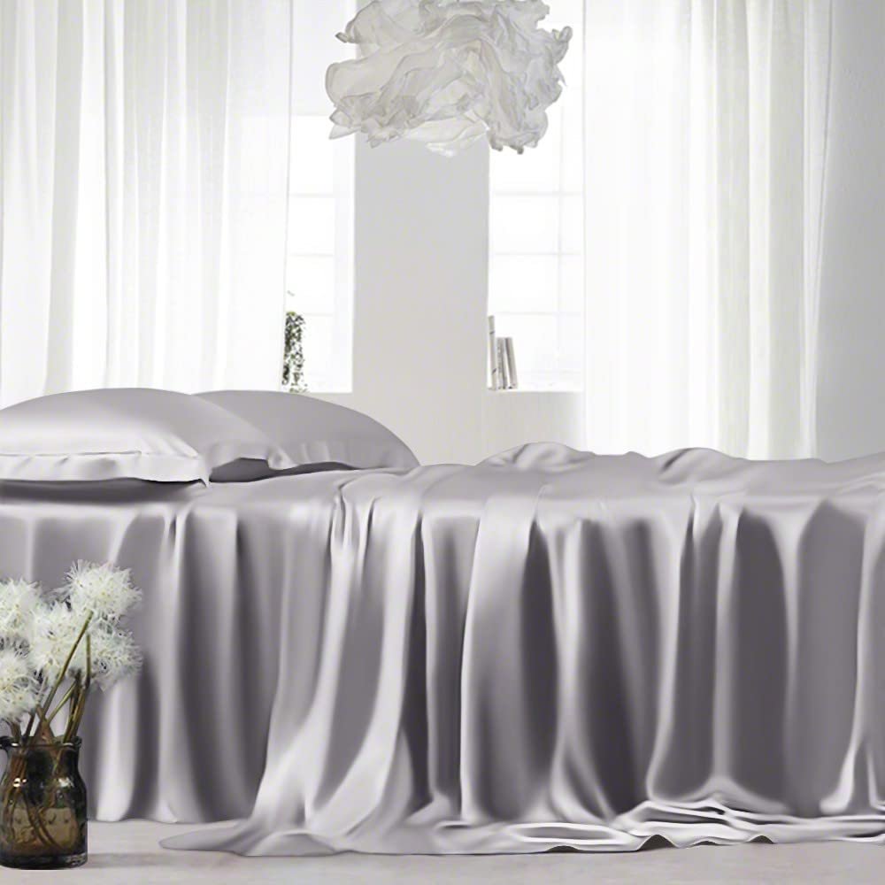 Full XL Silk Sheet Set 7 Piece True Silk Satin Sheets Set- - Hotel Luxury Bed Sheets - Extra Soft - 15'' Deep Pocket - Breathable & Cooling - Wrinkle Free - Comfy-Silver Grey Bed Sheets