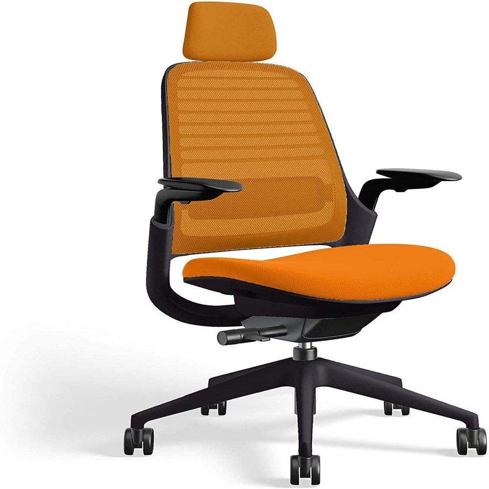 Steelcase Series 1 Office Chair with Headrest, Graphite Frame, Cogent Connect Tangerine, Hard Floor Casters