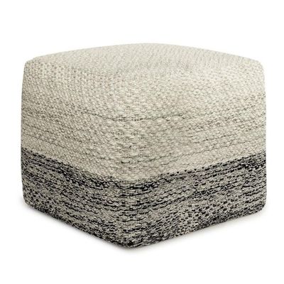 Pemberly Row Square Woven Pouf, 18" x 18" x 14", 100% Recycled PET Polyester, Gray and White Stripe, Water/UV Resistant, Multi-Functional Indoor/Outdoor Footstool or Extra Seating