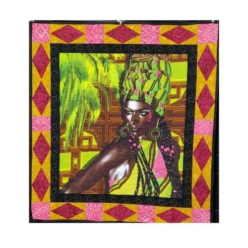 African Princess Quilted Wall Art, African Caribbean Pink Princess, Measures 31 x 34 inches