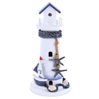 CoTa Global Ocean Blue Nautical Wooden Lighthouse Decor - Handmade White Lighthouse Figurine with Starfish, Sailboat, and Rope Accents