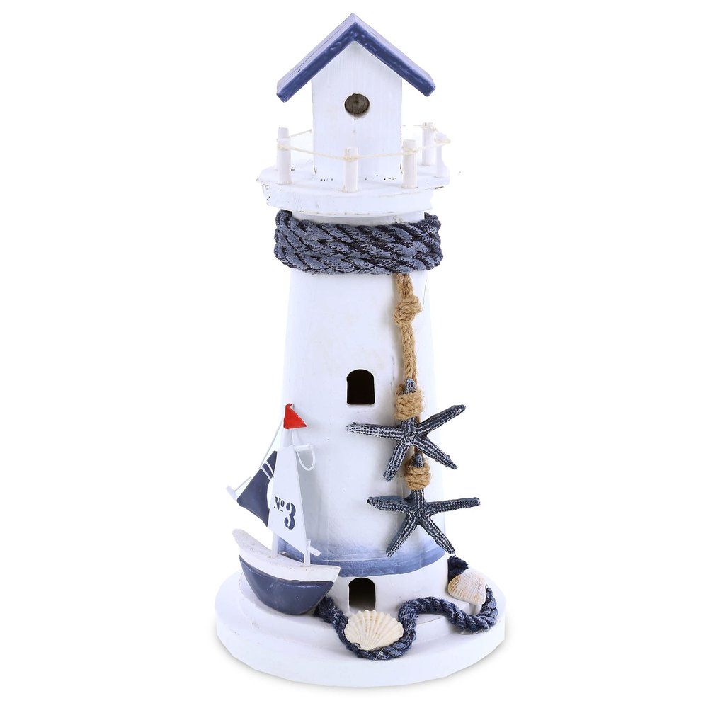 CoTa Global Ocean Blue Nautical Wooden Lighthouse Decor - Handmade White Lighthouse Figurine with Starfish, Sailboat, and Rope Accents
