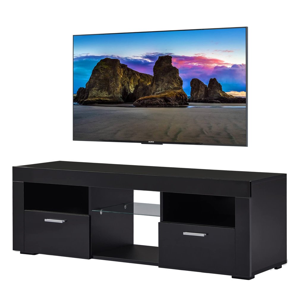 ALINE Modern Black TV Stand for 32/50/55+ Inch TV, Black Entertainment Center, TV Stands for Living Room, TV Stand with Storage and Shelves for Living Room, Bedroom
