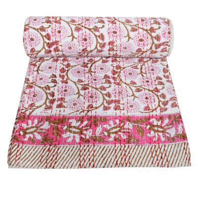 V Vedant Designs Hand Block Kantha Quit Indian Kantha Quilt Floral Kantha bedcover Throw Cotton Kantha bedsheet Twin/Queen Bedding Bohemian Kantha Bedspread (Floral 08, Queen(90x108))