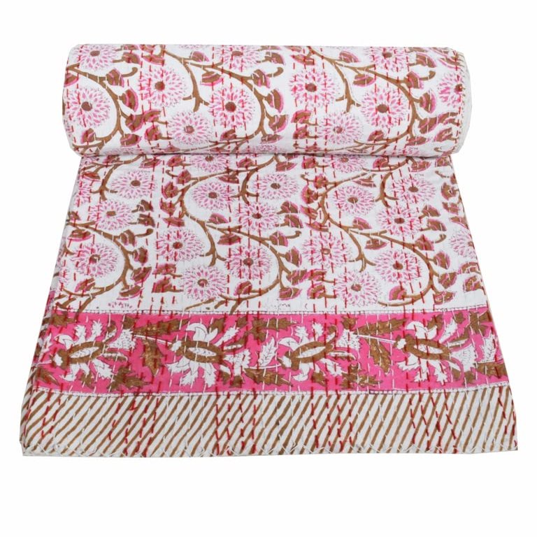 V Vedant Designs Hand Block Kantha Quit Indian Kantha Quilt Floral Kantha bedcover Throw Cotton Kantha bedsheet Twin/Queen Bedding Bohemian Kantha Bedspread (Floral 08, Queen(90x108))