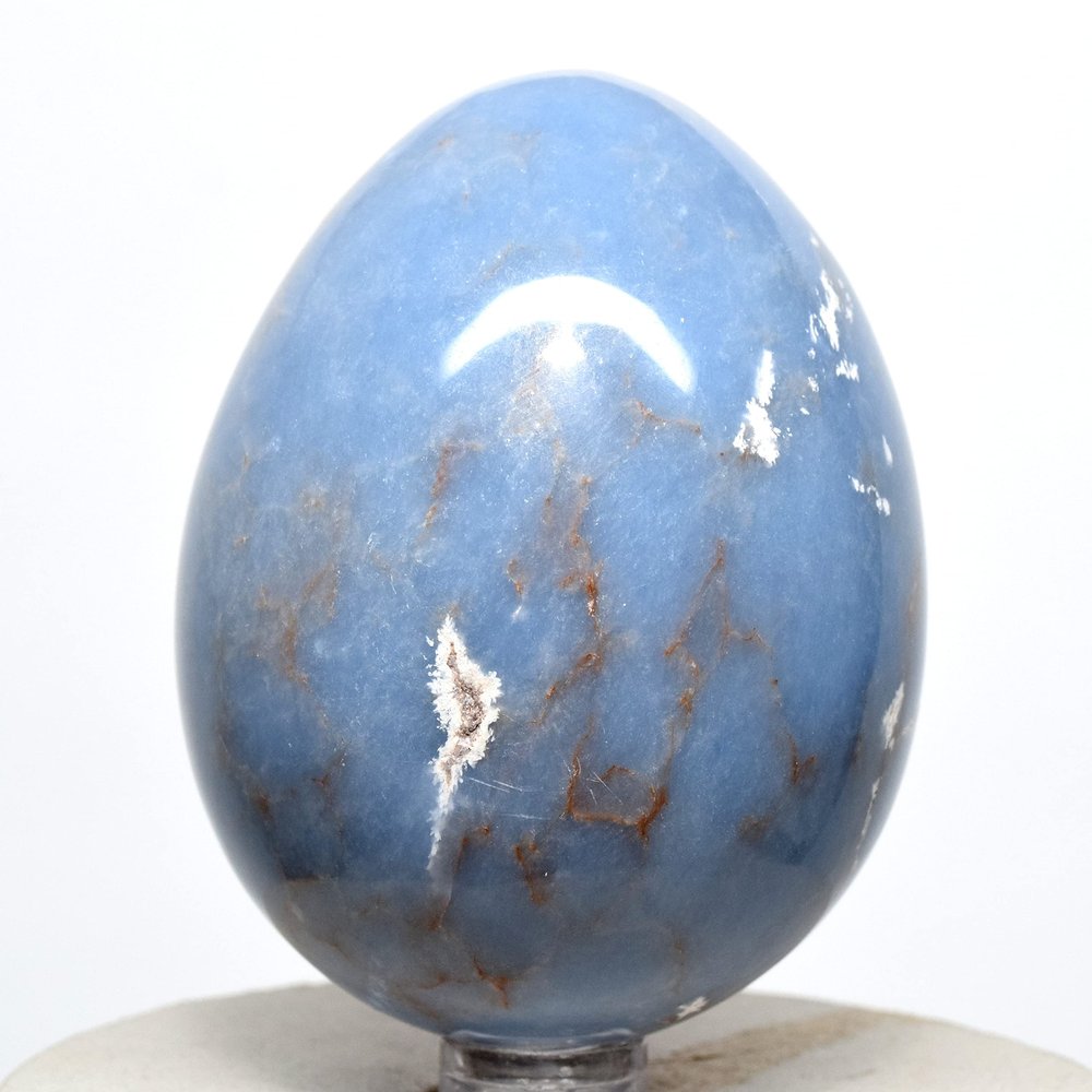 2.9" Peruvian Blue Angelite Egg Natural Sparkling Mineral Angelic Crystal Polished Angel Stone + Stand