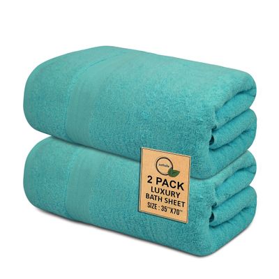 100% Cotton Luxury Bath Sheets - Pack of 2 (35" x 70") | Super Soft, Quick-Dry & Highly Absorbent Towels for Bathroom, Home, Spa & Gym (Turquoise)