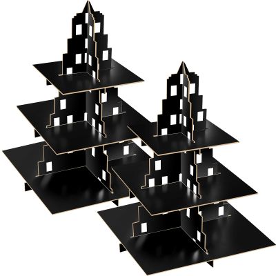 2 Pieces Black City Skyscraper Cupcake Stand 3 Tier Dessert Tower Display for City Theme Party Supplies Table Decor
