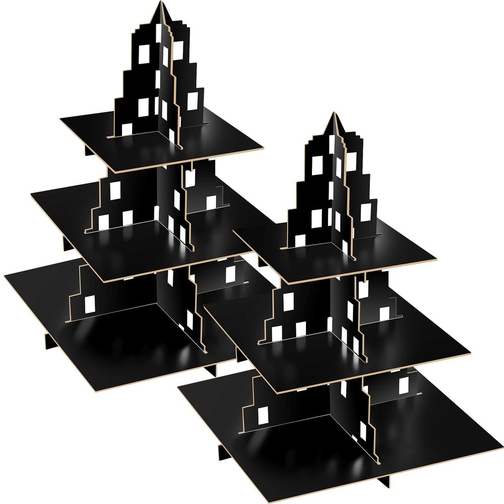 2 Pieces Black City Skyscraper Cupcake Stand 3 Tier Dessert Tower Display for City Theme Party Supplies Table Decor