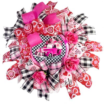 Be Mine Pink Truck & Roses Valentines Day Wreath for Front Door Outside, Adorned with Roses, Heart Ornament and Bow