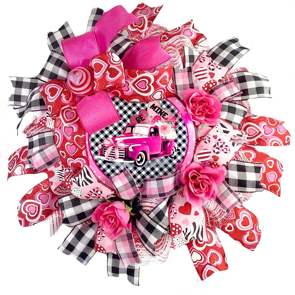Be Mine Pink Truck & Roses Valentines Day Wreath for Front Door Outside, Adorned with Roses, Heart Ornament and Bow