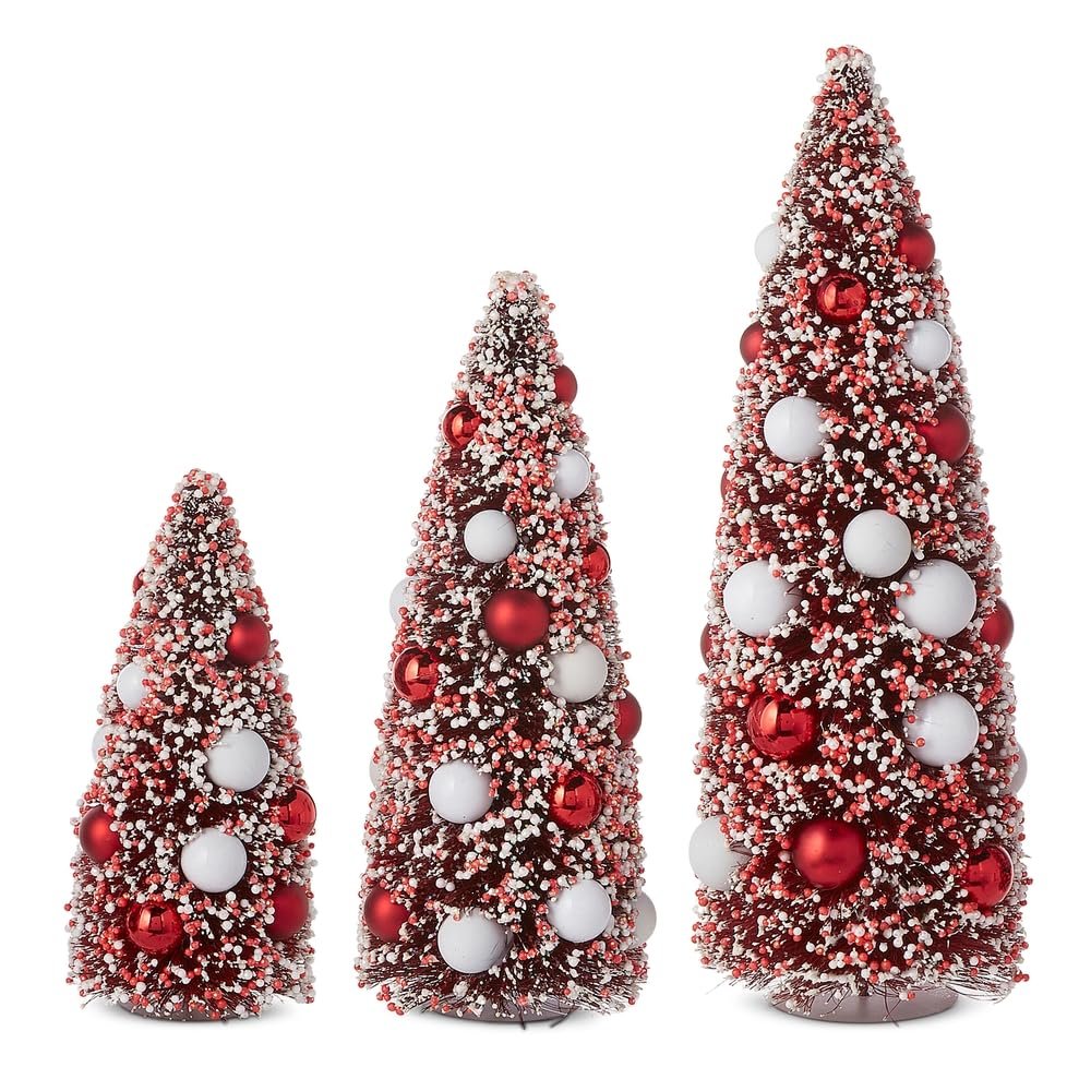 15" Red and White Bottle Brush Trees with Ornaments
