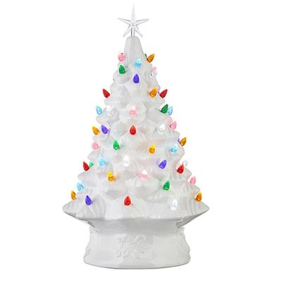 Raz Imports Vintage White Ceramic Lighted Christmas Tree with Timer 17-Inch Porcelain Holiday Tabletop Dcor