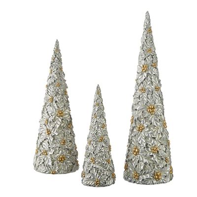 RAZ Imports 2022 City of Lights 17.5" Holly Patterned Pewter Cone Tree, Set of 3