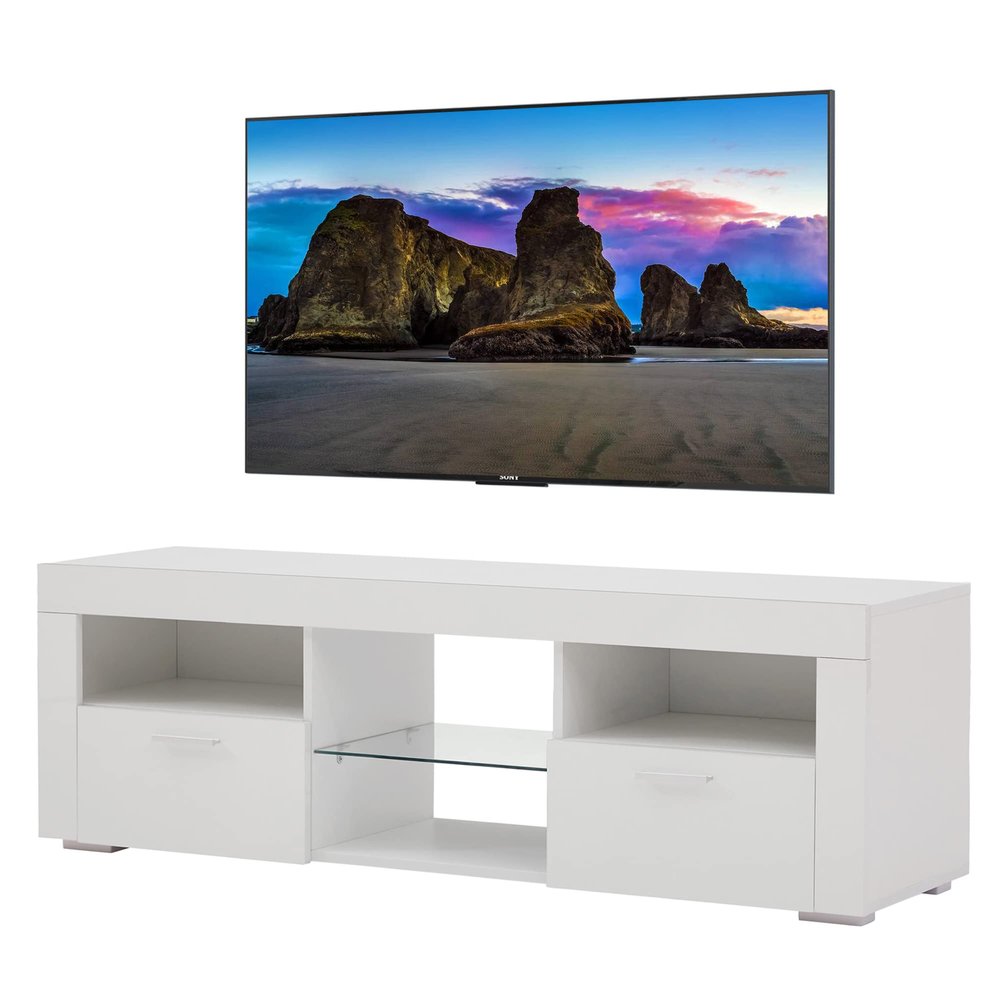 ALINE Modern White TV Stand for 32/50/55+ Inch TV, White Entertainment Center, TV Stands for Living Room, TV Stand with Storage and Shelves for Living Room, Bedroom