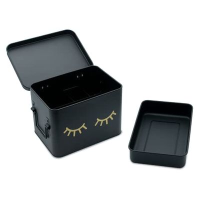 AQ Matte Black & Gold Metal Storage Box - Removable Tray, Multipurpose Tin with Secure Lid for Cosmetics, Makeup, Toiletries, First Aid - Cute First Aid Box Tin, Minimalist Design