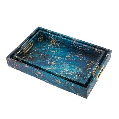 A&B Home Decorative Tray with Handles - Modern Minimalist Style Faux Leather Set of 2 Perfume Tray for Ottoman Couch Centerpiece Table Dcor, Blue