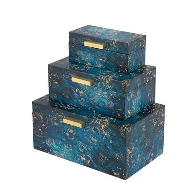 A&B Home Decorative Storage Boxes - Set of 3 Jewelry Boxes, Faux Leather Keepsake Boxes with Lids, Transitional Style Home Dcor Accents, Blue