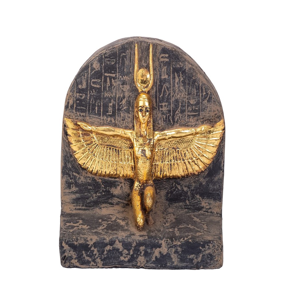 Ancient Egyptian statue of Isis wings Goddess of fertility and was also known as the goddess .of motherhood, magic,death, healing, and rebirth Her name means Queen of the throne.