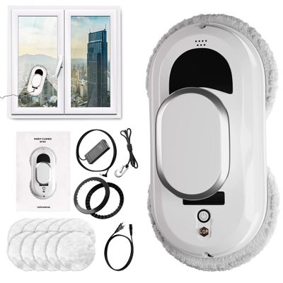 APQ Supply White Automatic Window Cleaner Robot W100, 11.8 x 5.9 x 4.7 Inch with 3 Modes and 10 Cloth Pads. Window Vacuum Cleaner for Windows Without Water Spray. Automatic Glass Cleaner Vacuum, 72dB