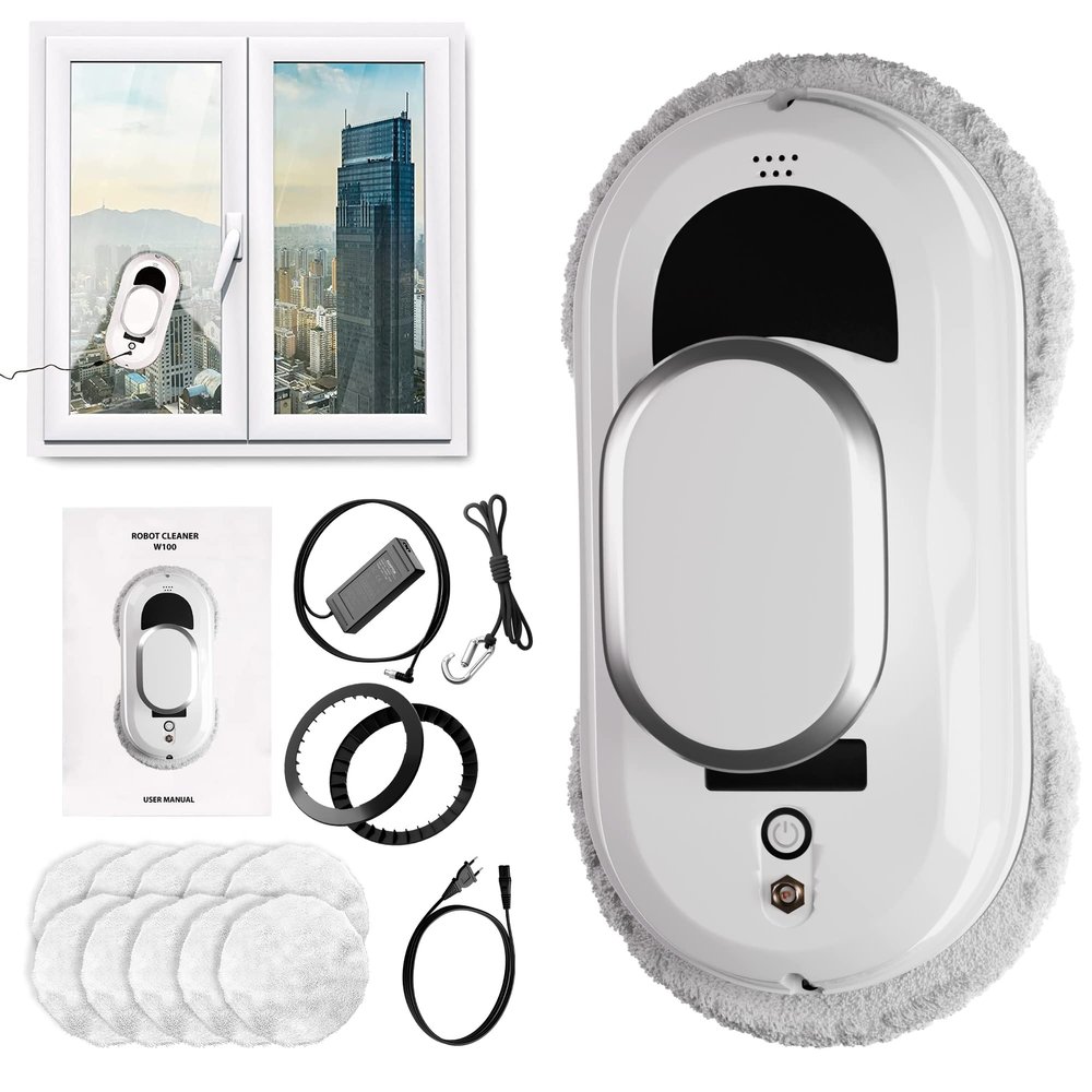 APQ Supply White Automatic Window Cleaner Robot W100, 11.8 x 5.9 x 4.7 Inch with 3 Modes and 10 Cloth Pads. Window Vacuum Cleaner for Windows Without Water Spray. Automatic Glass Cleaner Vacuum, 72dB