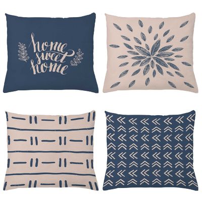 Ambesonne Modern Throw Pillow CushiCase Pack 4, Scandinavian Minimal Ornaments Boho Feather Leaves Home Phrase, Modern Accent Double-Sided Digital Printing, 20" x 12", Pale Tan and Slate Blue