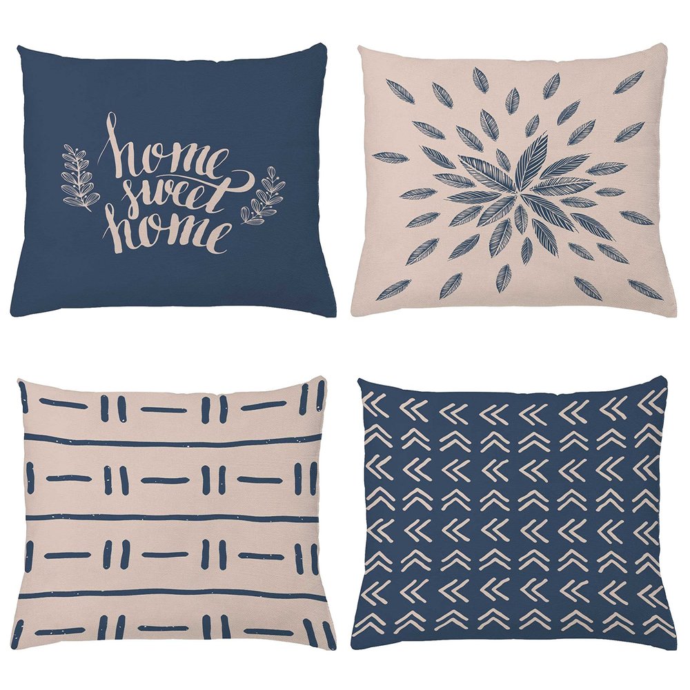 Ambesonne Modern Throw Pillow CushiCase Pack 4, Scandinavian Minimal Ornaments Boho Feather Leaves Home Phrase, Modern Accent Double-Sided Digital Printing, 20" x 12", Pale Tan and Slate Blue