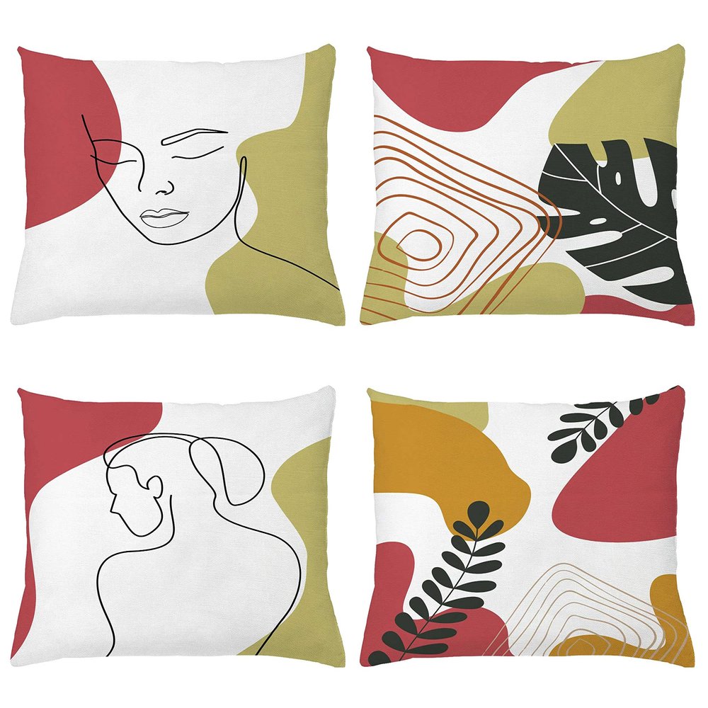 Ambesonne Minimal Throw Pillow CushiCase Pack 4, Modern Line Art Woman Portrait Contemporary Leafy Geometric Details, Modern Accent Double-Sided Digital Printing, 20" x 12", Olive Green and Dark Coral