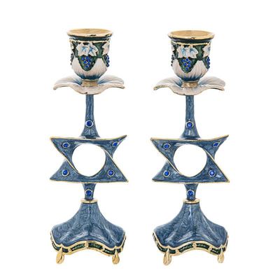 (D) Judaica Jeweled Enamel Candle Stick in Blue and Gold Star of David 8.5''